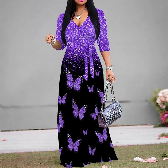 Plus Size Maxi Dress Women Flowy Polyester With Belt V Neck Elegant - Picture 4 of 7